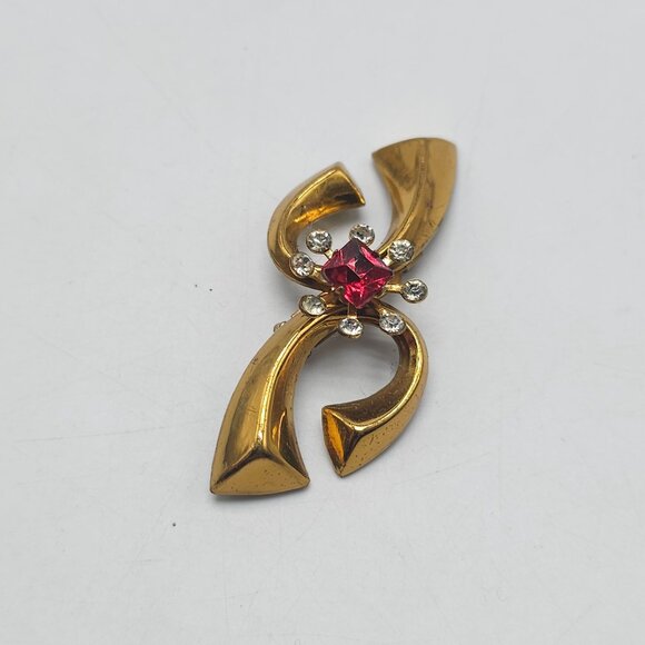 Vintage Brooch Pin Gold Tone Pink White Rhinestone Flower Bow - Picture 2 of 4